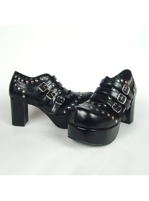 Black 3.1" Heel High Classic Synthetic Leather Round Toe Cross Straps Platform Lady Lolita Shoes