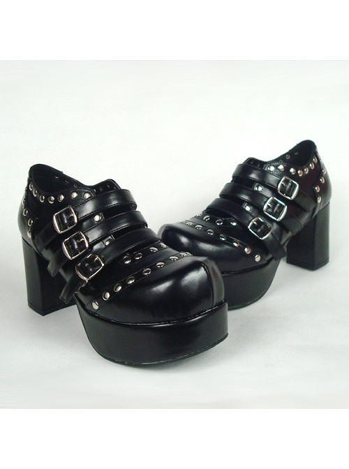 Black 3.1" Heel High Classic Synthetic Leather Round Toe Cross Straps Platform Lady Lolita Shoes