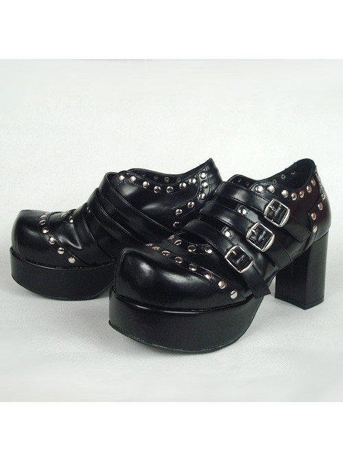 Black 3.1" Heel High Classic Synthetic Leather Round Toe Cross Straps Platform Lady Lolita Shoes