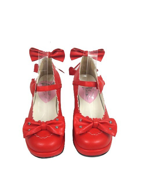 Red 1.8" Heel High Cute PU Point Toe Bowknot Platform Girls Lolita Shoes