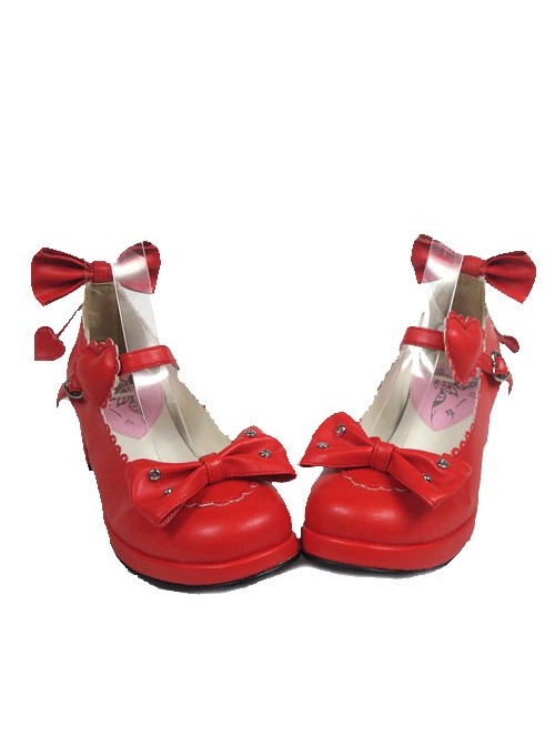 Red 1.8" Heel High Cute PU Point Toe Bowknot Platform Girls Lolita Shoes