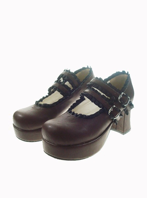 Brown 2.9" Heel High Classic Polyurethane Round Toe Cross Straps Platform Lady Lolita Shoes