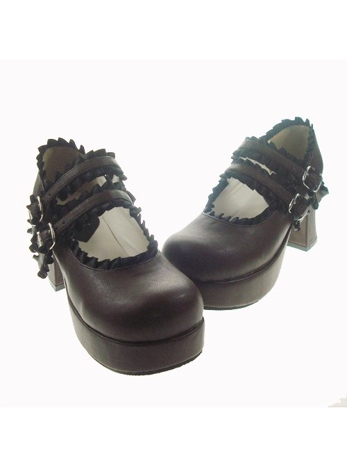 Brown 2.9" Heel High Classic Polyurethane Round Toe Cross Straps Platform Lady Lolita Shoes