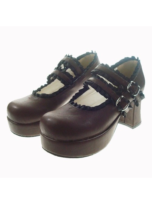 Brown 2.9" Heel High Classic Polyurethane Round Toe Cross Straps Platform Lady Lolita Shoes