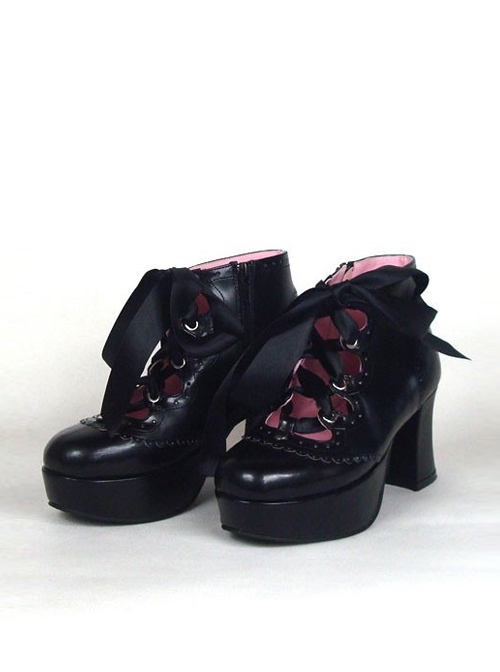 Black 2.9" Heel High Cute PU Round Toe Ankle Straps Platform Girls Lolita Shoes
