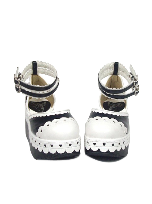 Black & White 3.1" Heel High Cute PU Round Toe Ankle Straps Platform Girls Lolita Shoes