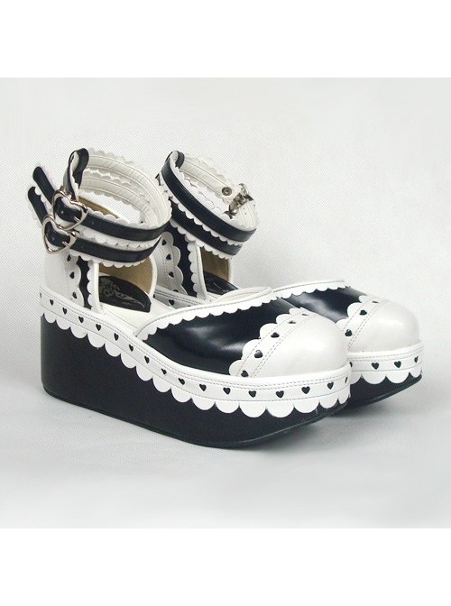 Black & White 3.1" Heel High Cute PU Round Toe Ankle Straps Platform Girls Lolita Shoes