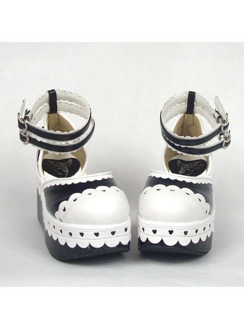 Black & White 3.1" Heel High Cute PU Round Toe Ankle Straps Platform Girls Lolita Shoes