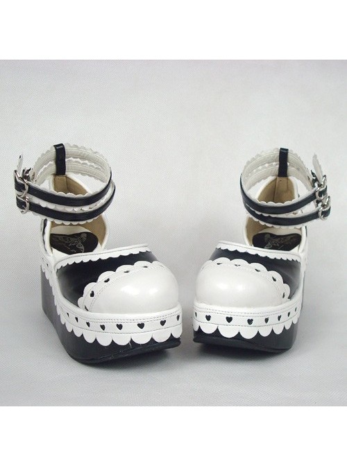 Black & White 3.1" Heel High Cute PU Round Toe Ankle Straps Platform Girls Lolita Shoes