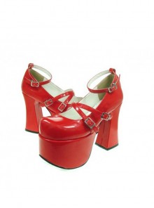 Red 4.9" Heel High Romatic PU Round Toe Scalloped Platform Girls Lolita Shoes