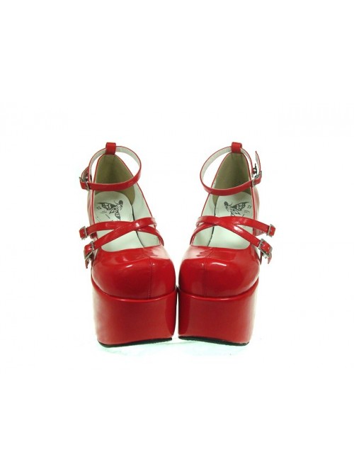Red 4.9" Heel High Romatic PU Round Toe Scalloped Platform Girls Lolita Shoes