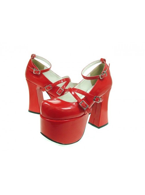 Red 4.9" Heel High Romatic PU Round Toe Scalloped Platform Girls Lolita Shoes