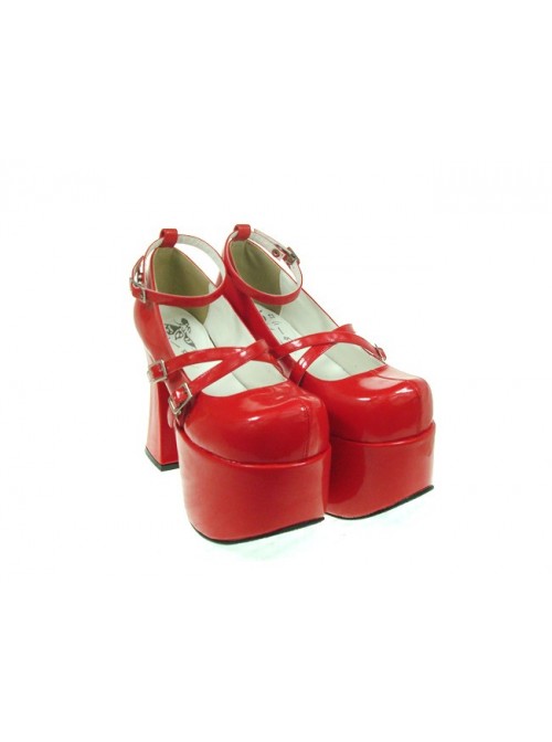 Red 4.9" Heel High Romatic PU Round Toe Scalloped Platform Girls Lolita Shoes