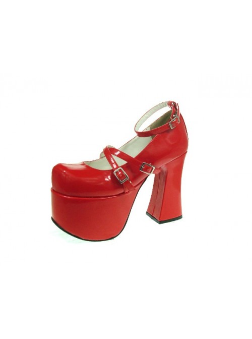 Red 4.9" Heel High Romatic PU Round Toe Scalloped Platform Girls Lolita Shoes