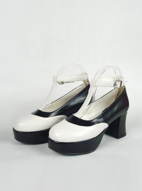 Black & White 2.9" Heel High Stylish Suede Round Toe Ankle Straps Platform Girls Lolita Shoes