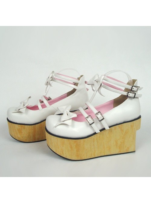 White 3.7" Heel High Classic PU Round Toe Bow Decoration Platform Lady Lolita Shoes