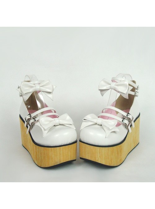 White 3.7" Heel High Classic PU Round Toe Bow Decoration Platform Lady Lolita Shoes