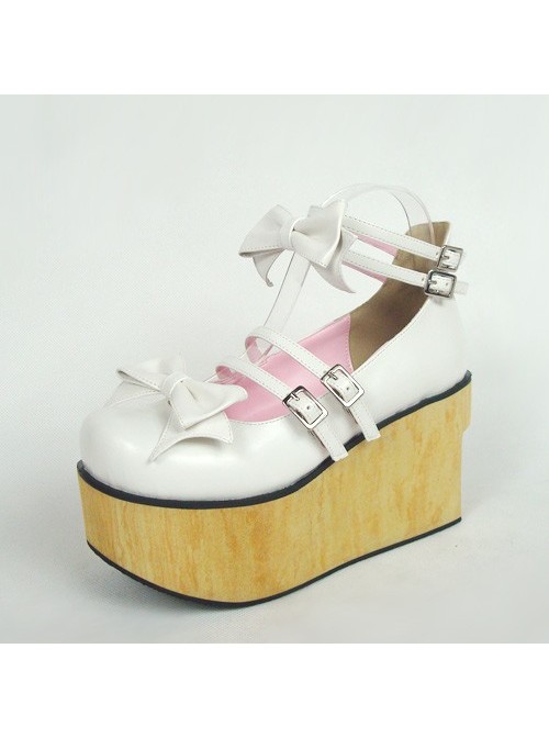 White 3.7" Heel High Classic PU Round Toe Bow Decoration Platform Lady Lolita Shoes