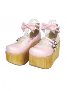 Pink 3.7" Heel High Stylish Patent Leather Round Toe Bow Decoration Platform Lady Lolita Shoes