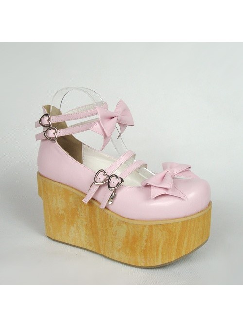 Pink 3.7" Heel High Stylish Patent Leather Round Toe Bow Decoration Platform Lady Lolita Shoes