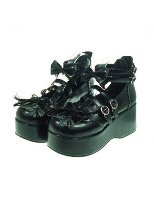 Black 2.8" Heel High Lovely Patent Leather Round Toe Bow Decoration Platform Lady Lolita Shoes