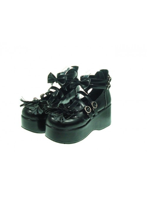 Black 2.8" Heel High Lovely Patent Leather Round Toe Bow Decoration Platform Lady Lolita Shoes