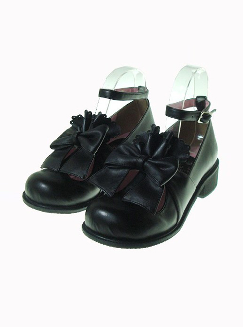 Black 1.4" Heel High Cute Patent Leather Round Toe Bow Decoration Platform Lady Lolita Shoes