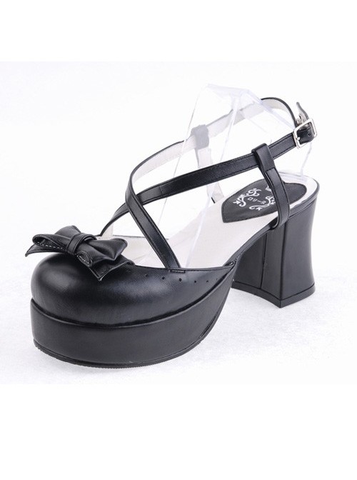 Black 2.9" Heel High Lovely Polyurethane Point Toe Criss Cross Straps Platform Lady Lolita Shoes