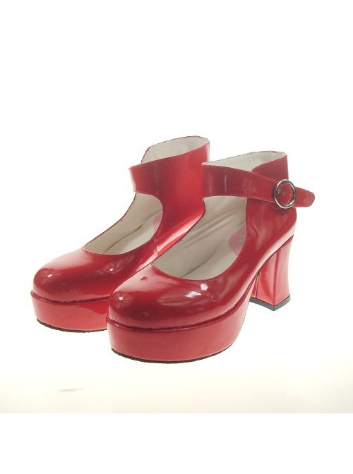 Red 2.9" Heel High Beautiful Synthetic Leather Point Toe Ankle Straps Platform Women Lolita Shoes