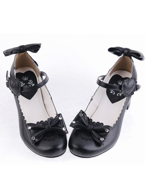 Black 2.6" Heel High Beautiful Patent Leather Point Toe Bow Platform Women Lolita Shoes