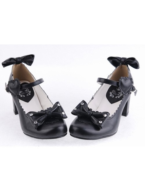 Black 2.6" Heel High Beautiful Patent Leather Point Toe Bow Platform Women Lolita Shoes