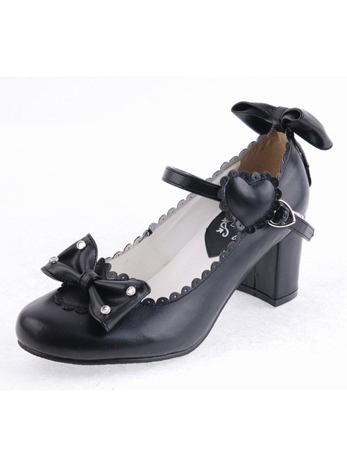 Black 2.6" Heel High Beautiful Patent Leather Point Toe Bow Platform Women Lolita Shoes