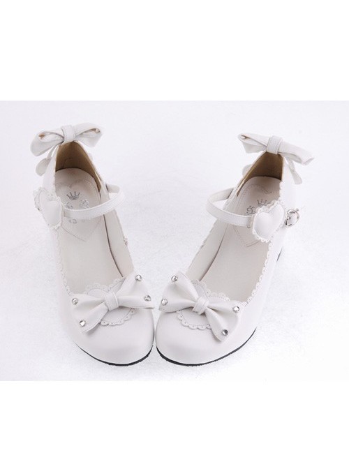 White 2.6" Heel High Lovely Polyurethane Point Toe Bowknot Platform Women Lolita Shoes