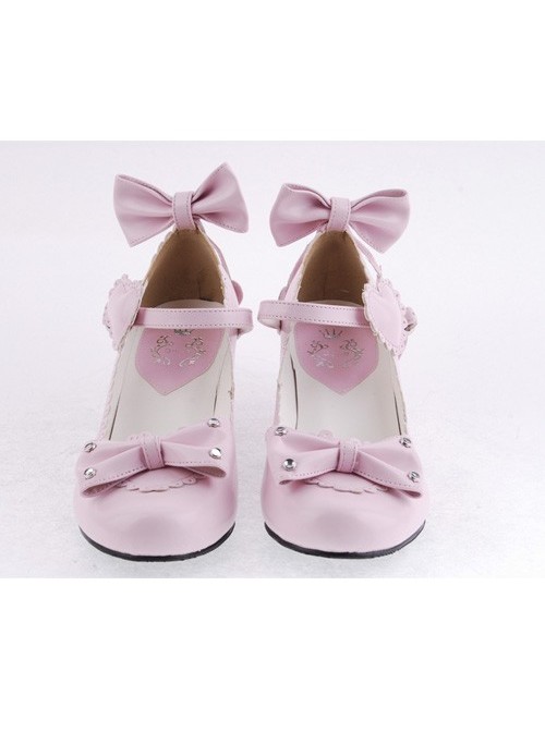 Pink 2.6" Heel High Beautiful Patent Leather Point Toe Bow Platform Women Lolita Shoes