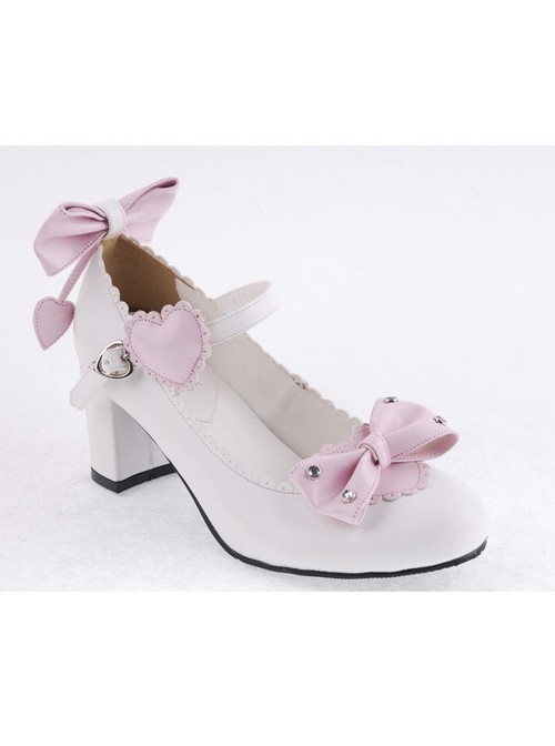 White & Pink 2.6" Heel High Cute Synthetic Leather Point Toe Bowknot Platform Women Lolita Shoes