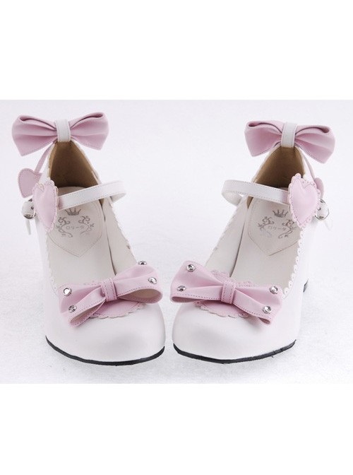 White & Pink 2.6" Heel High Cute Synthetic Leather Point Toe Bowknot Platform Women Lolita Shoes