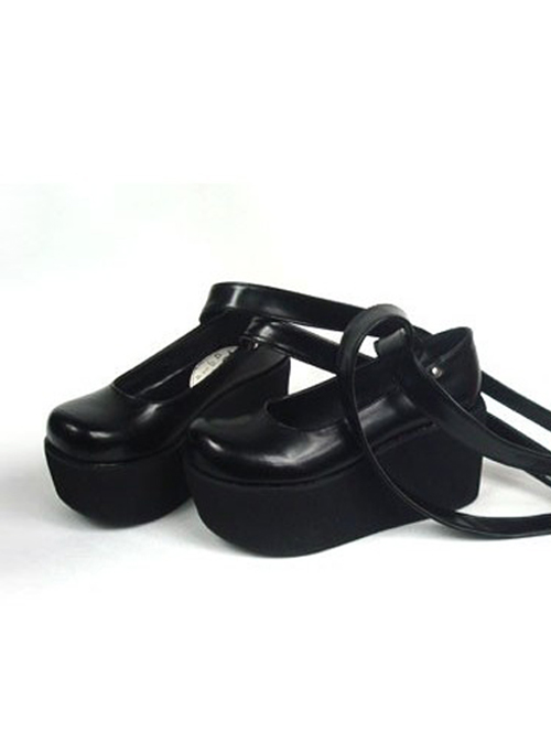 Black 3.7" Heel High Special PU Round Toe Ankle Straps Platform Women Lolita Shoes