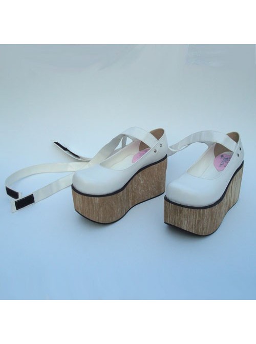 White 3.7" Heel High Classic Synthetic Leather Round Toe Ankle Straps Platform Women Lolita Shoes