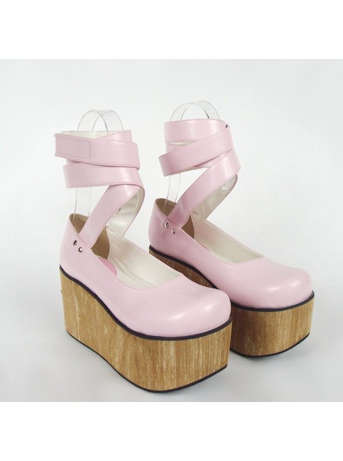 Pink 3.7" Heel High Beautiful PU Round Toe Ankle Straps Platform Women Lolita Shoes