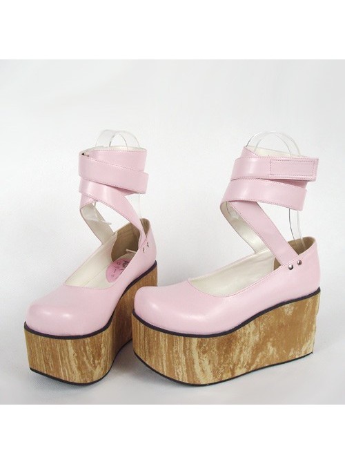 Pink 3.7" Heel High Beautiful PU Round Toe Ankle Straps Platform Women Lolita Shoes