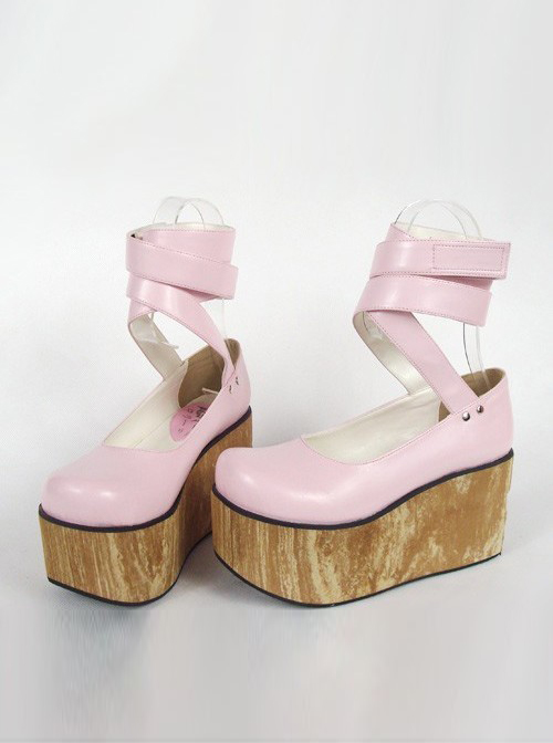 Pink 3.7" Heel High Beautiful PU Round Toe Ankle Straps Platform Women Lolita Shoes