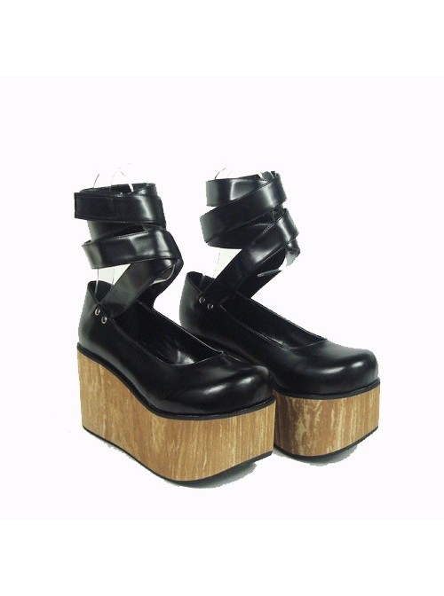 Black 3.7" Heel High Cute Polyurethane Round Toe Ankle Straps Platform Women Lolita Shoes