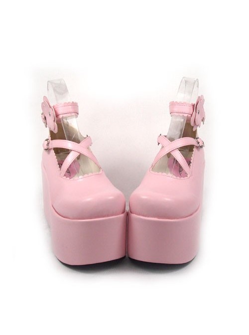 Pink 3.9" Heel High Romatic Suede Round Toe Criss Cross Straps Platform Girls Lolita Shoes