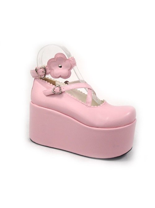 Pink 3.9" Heel High Romatic Suede Round Toe Criss Cross Straps Platform Girls Lolita Shoes
