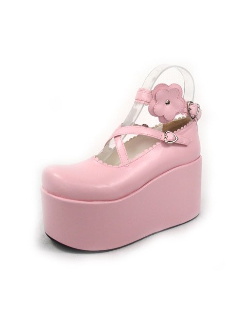 Pink 3.9" Heel High Romatic Suede Round Toe Criss Cross Straps Platform Girls Lolita Shoes