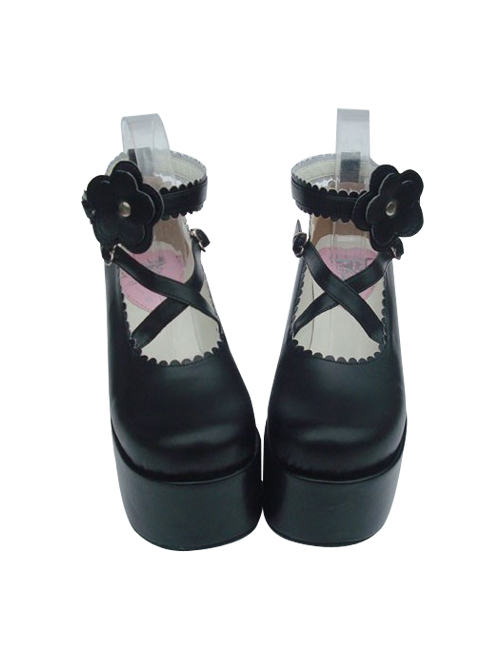 Black 3.9" Heel High Special PU Round Toe Criss Cross Straps Platform Girls Lolita Shoes