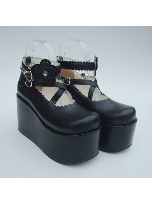 Black 3.9" Heel High Special PU Round Toe Criss Cross Straps Platform Girls Lolita Shoes