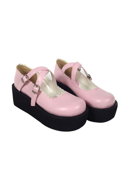 Pink 2.6" Heel High Classic Synthetic Leather Round Toe Cross Straps Platform Girls Lolita Shoes