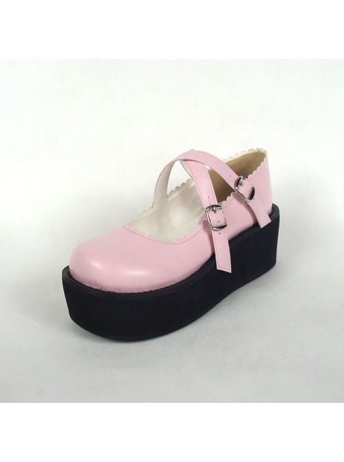 Pink 2.6" Heel High Classic Synthetic Leather Round Toe Cross Straps Platform Girls Lolita Shoes