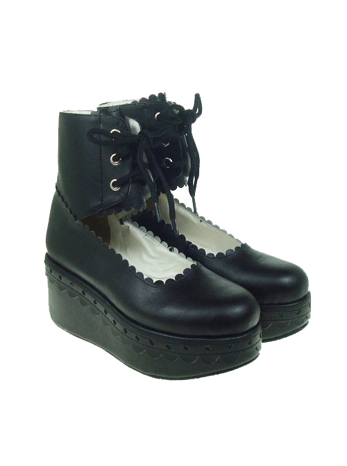 Black 2.7" Heel High Adorable PU Round Toe Cross Straps Platform Girls Lolita Shoes